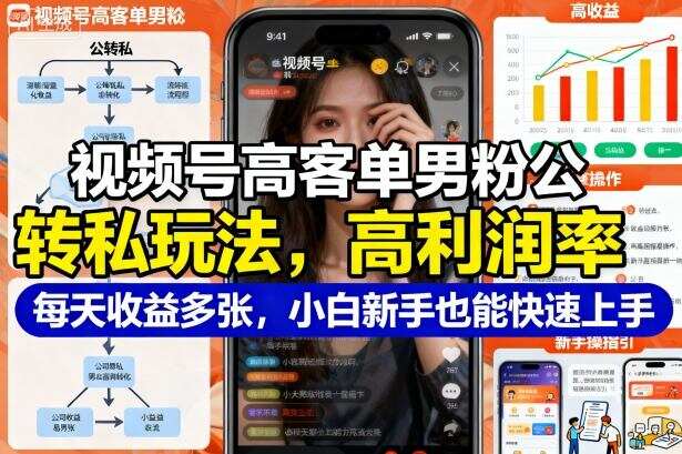 视频号高客单男粉公转私玩法，高利润率每天收益多张，小白新手也能快速上手