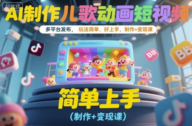 AI制作儿歌动画短视频，多平台发布，玩法简单，好上手，制作+变现课