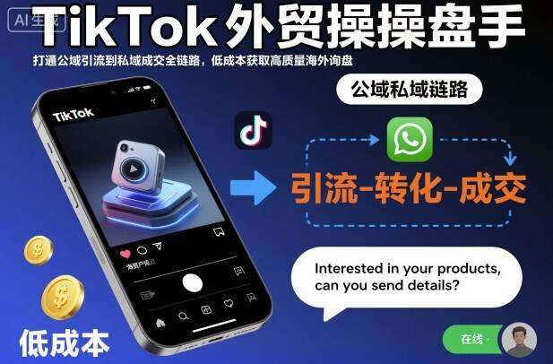 TikTok外贸操盘手，打通公域引流到私域成交全链路，低成本获取高质量海外询盘
