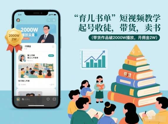育儿书单短视频教学，起号收徒，带货，卖书（带货作品破2000W播放，月佣金2W）