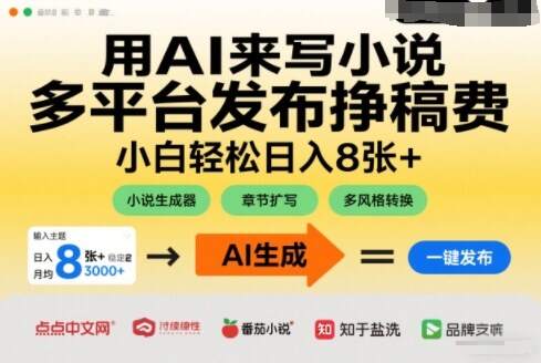 用AI来写小说，多平台发布挣稿费，小白轻松日入8张+，长期稳定项目