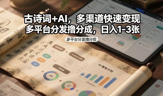 古诗词+AI，多渠道快速变现，多平台分发撸分成，日入1-3张